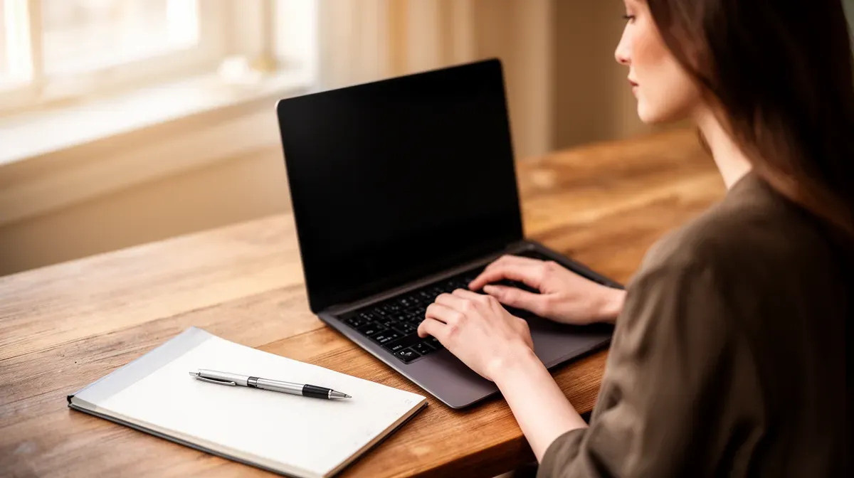 Femme travaillant sur un ordinateur portable dans un bureau à domicile lumineux