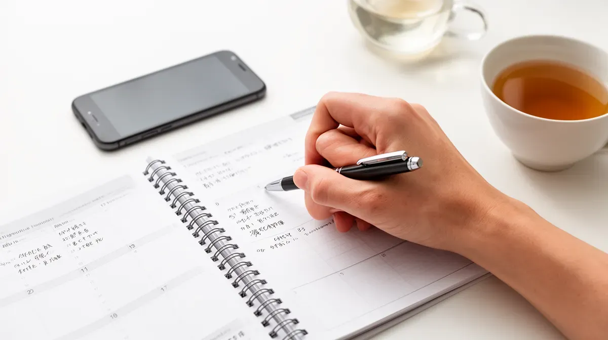 Gros plan sur une main écrivant dans un agenda avec un stylo, à côté d'un téléphone et d'une tasse de thé