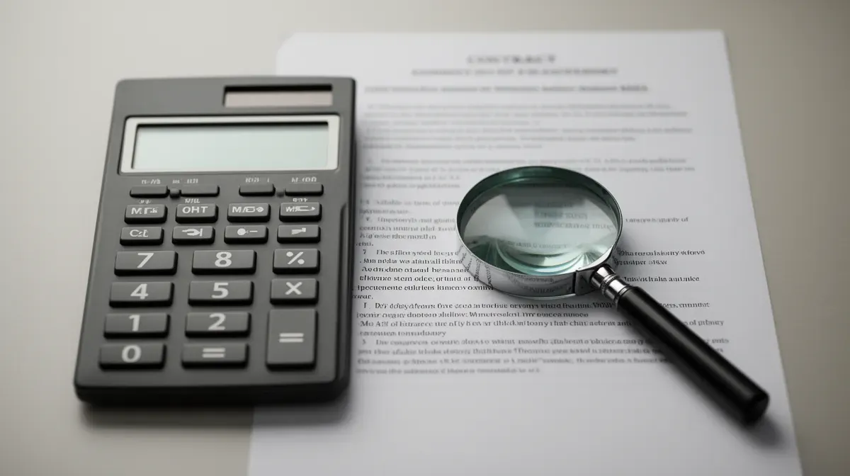 Calculatrice, document de contrat et loupe sur un bureau, symbolisant la vérification des tarifs et des coûts cachés