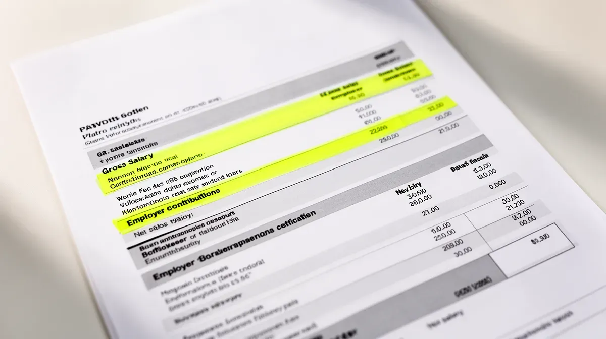 Gros plan sur une fiche de paie montrant les sections du salaire net, brut et des charges patronales