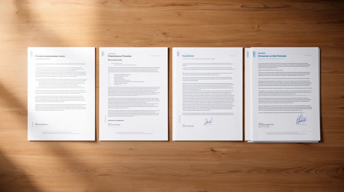 Vue de dessus de documents de retraite détaillant quatre pensions différentes sur un bureau en bois
