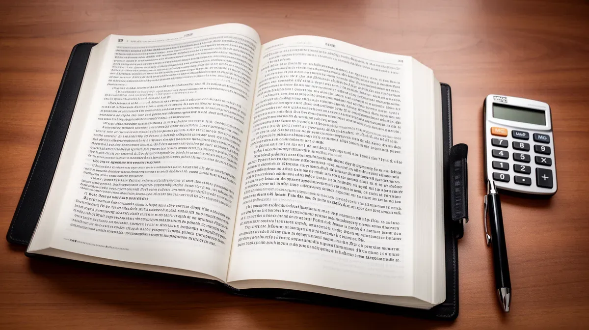Vue de dessus d'un livre de droit ouvert avec une calculatrice et un stylo, illustrant les règles de cumul des pensions