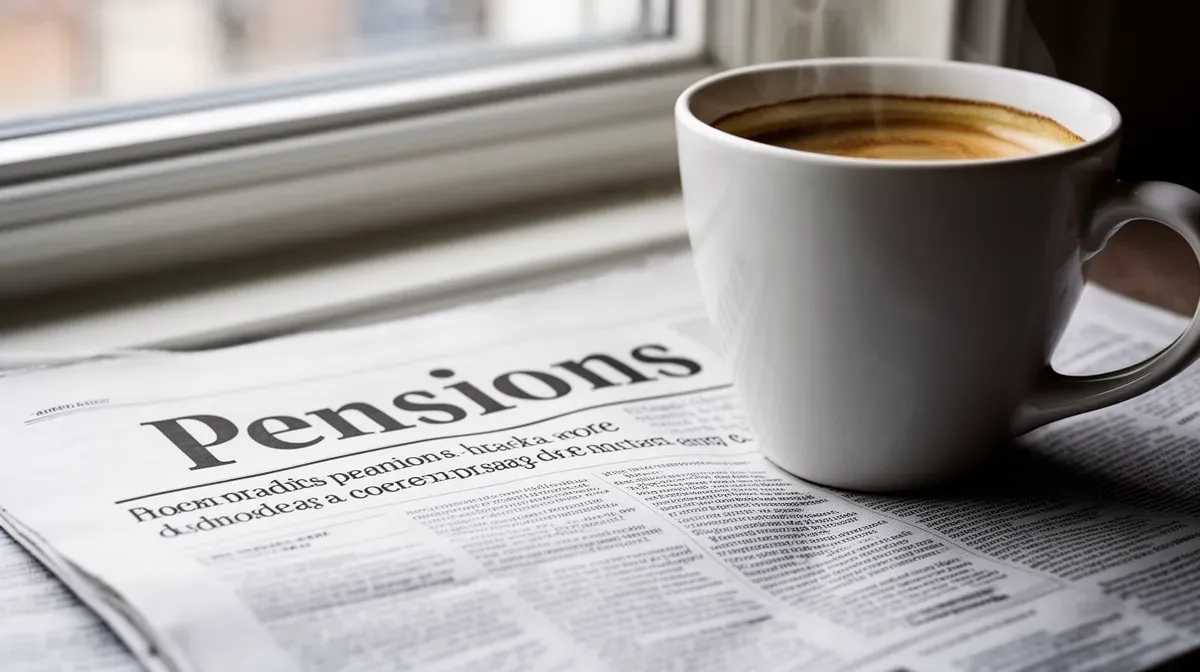Gros plan d'une une de journal sur les retraites partiellement cachée par une tasse de café