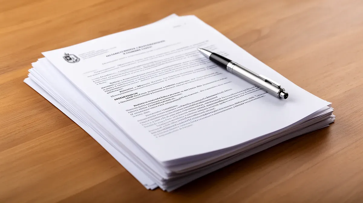Vue de dessus de documents officiels et d'un stylo sur un bureau en bois, évoquant les dossiers de retraite parlementaire