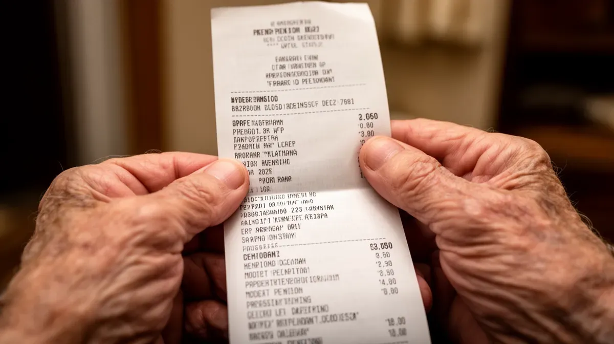 Gros plan sur les mains d'une personne âgée tenant un bulletin de pension modeste, ambiance intime et mélancolique