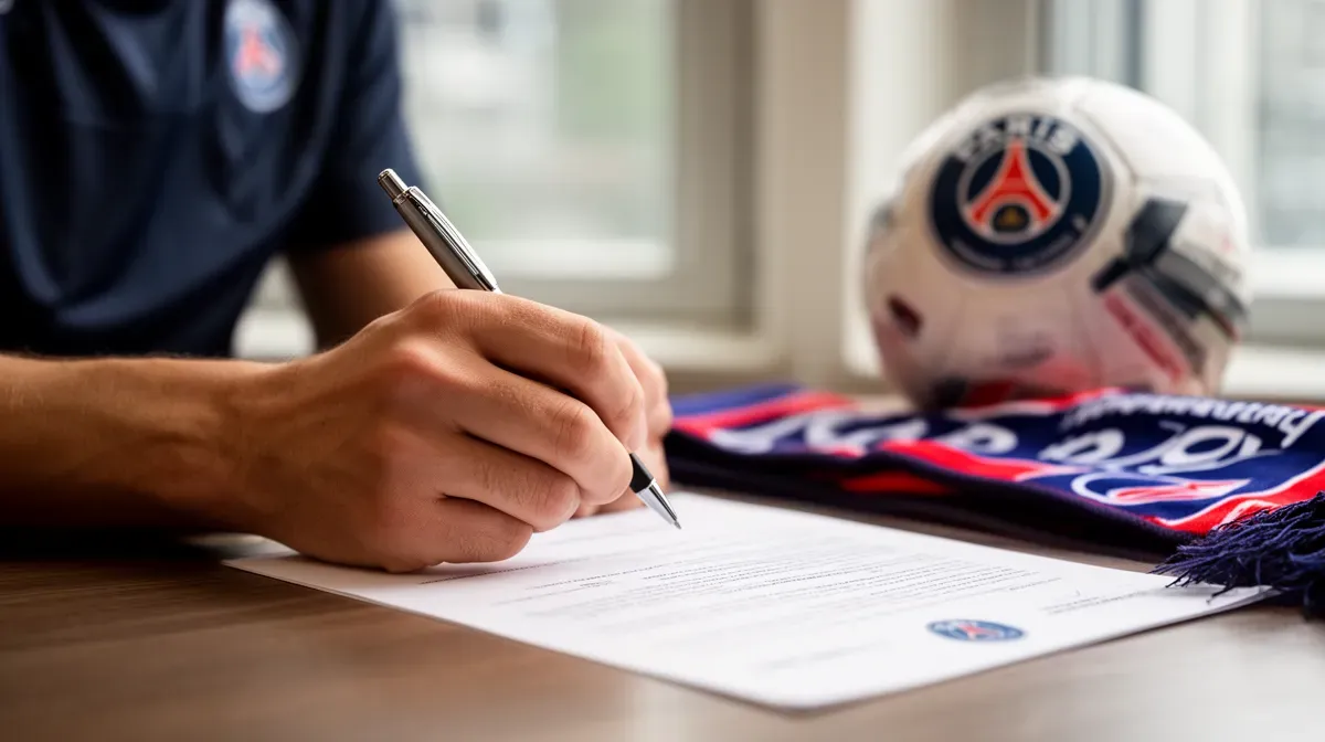 Gros plan sur les mains d'un joueur signant un contrat, avec un ballon et une écharpe du PSG en arrière-plan flou