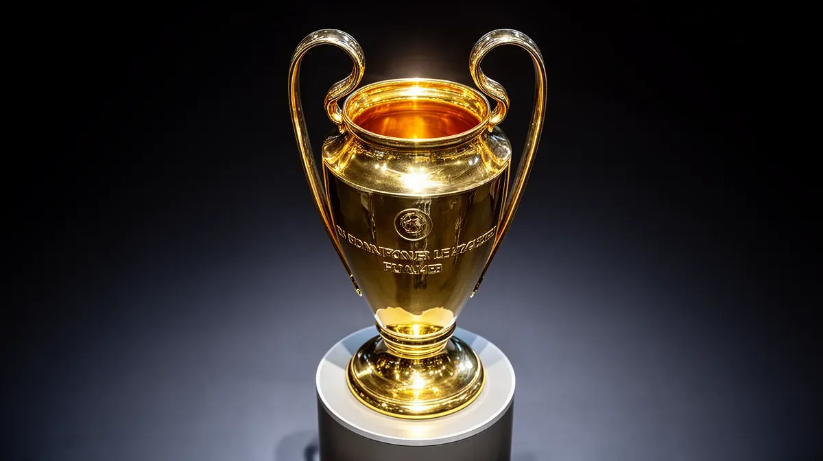 Vue de dessus du trophée de la Ligue des Champions sur un piédestal, éclairage dramatique