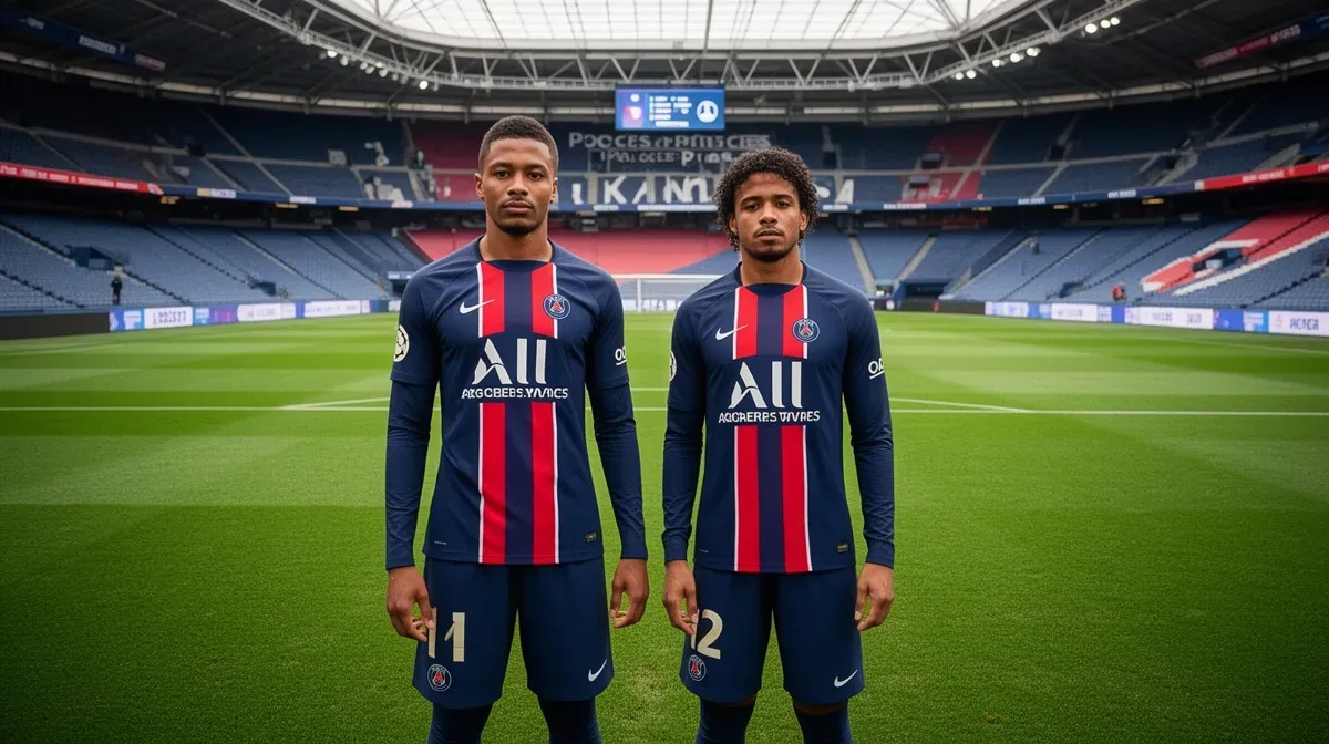 Plan large de deux joueurs du PSG debout côte à côte sur la pelouse du Parc des Princes