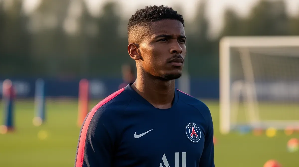 Plan moyen d'un joueur du PSG en tenue d'entraînement, expression déterminée, lumière matinale