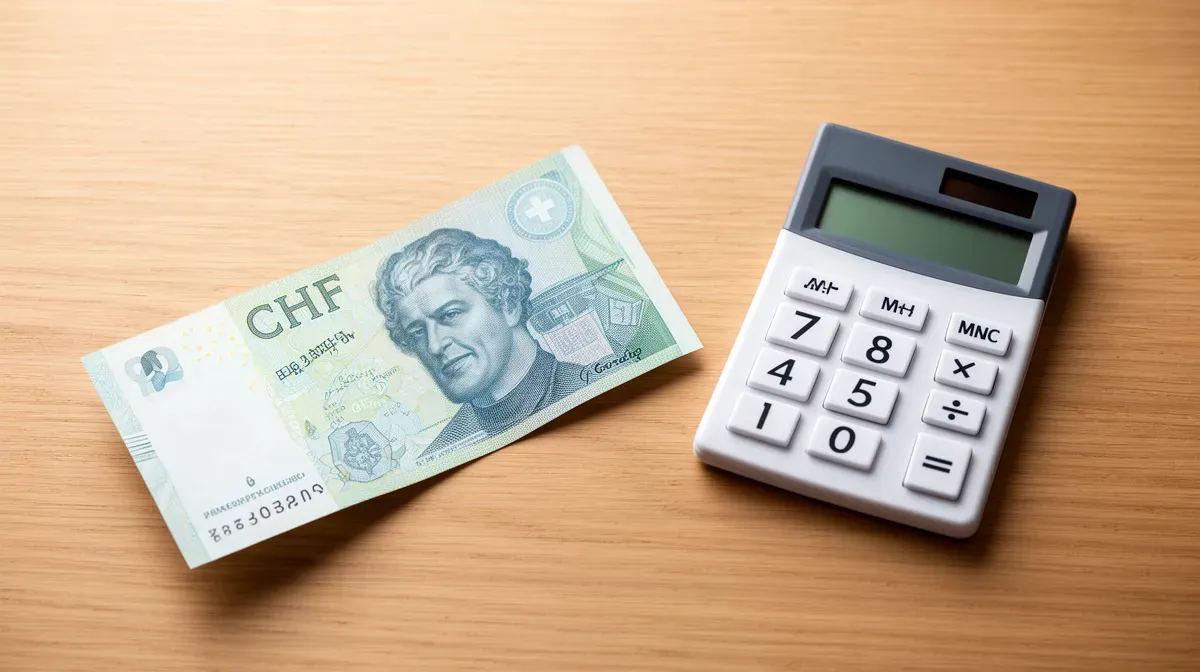 Billets de banque suisses et calculatrice sur un bureau en bois, illustrant les salaires par canton
