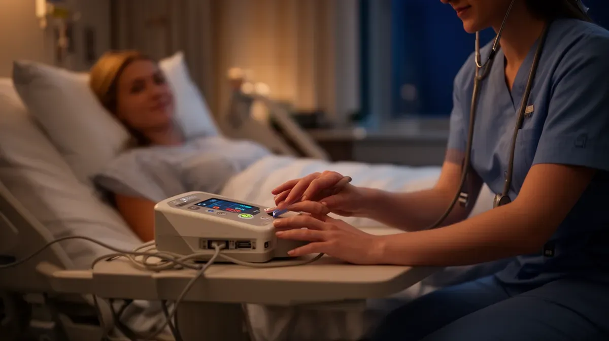 Aide-soignante effectuant des soins de nuit dans une chambre d'hôpital éclairée doucement