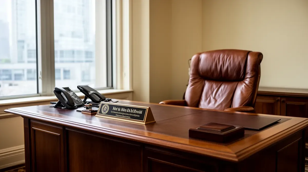 Bureau d'élu avec plaque nominative et téléphone, illustrant les avantages et indemnités des maires