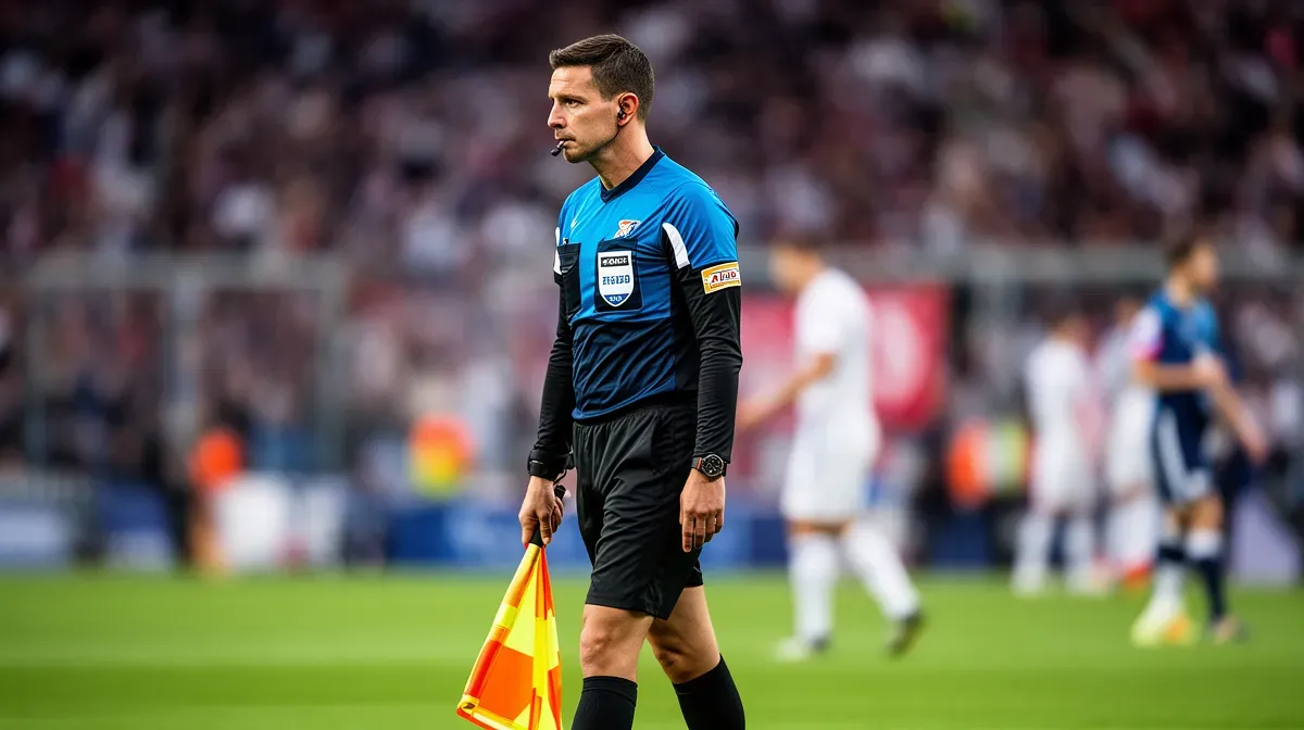 Arbitre assistant de Ligue 1 sur la touche avec un drapeau