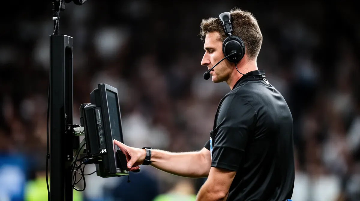 Arbitre de Ligue 1 consultant le moniteur VAR lors d'un match
