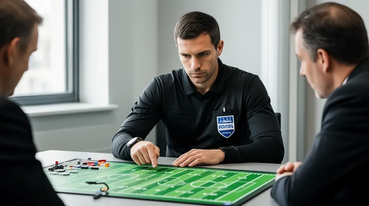 Arbitre de Ligue 1 en réunion avec un entraîneur avant un match