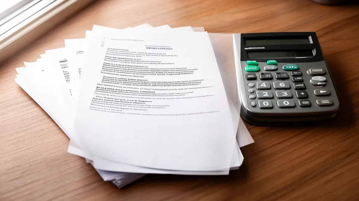 Documents officiels et calculatrice sur un bureau en bois, symbolisant le budget de l'Élysée