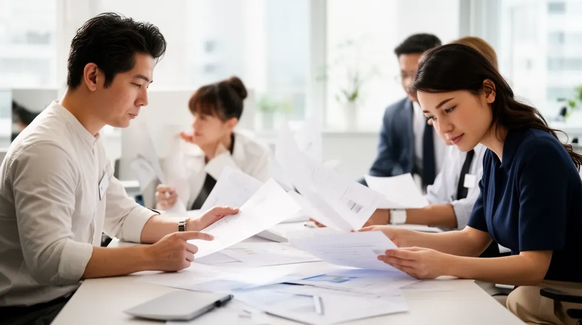 Petite équipe de collaborateurs travaillant dans un bureau lumineux, gérant le courrier et les déplacements