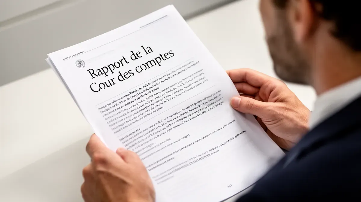 Gros plan sur un rapport de la Cour des comptes ouvert sur un bureau, symbolisant la transparence des dépenses