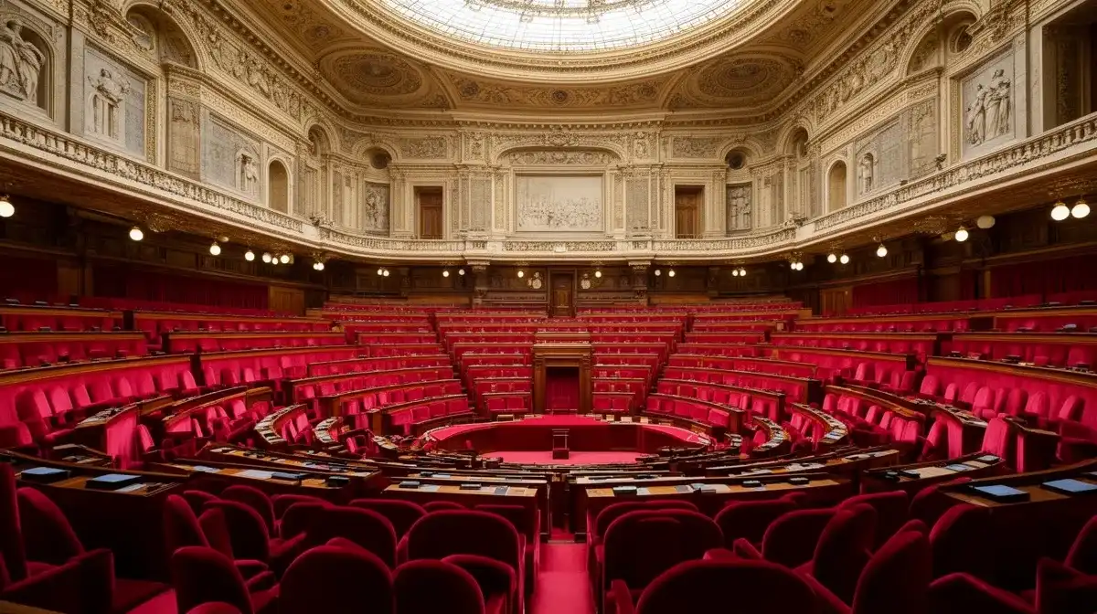 Hémicycle du Sénat français avec sièges rouges