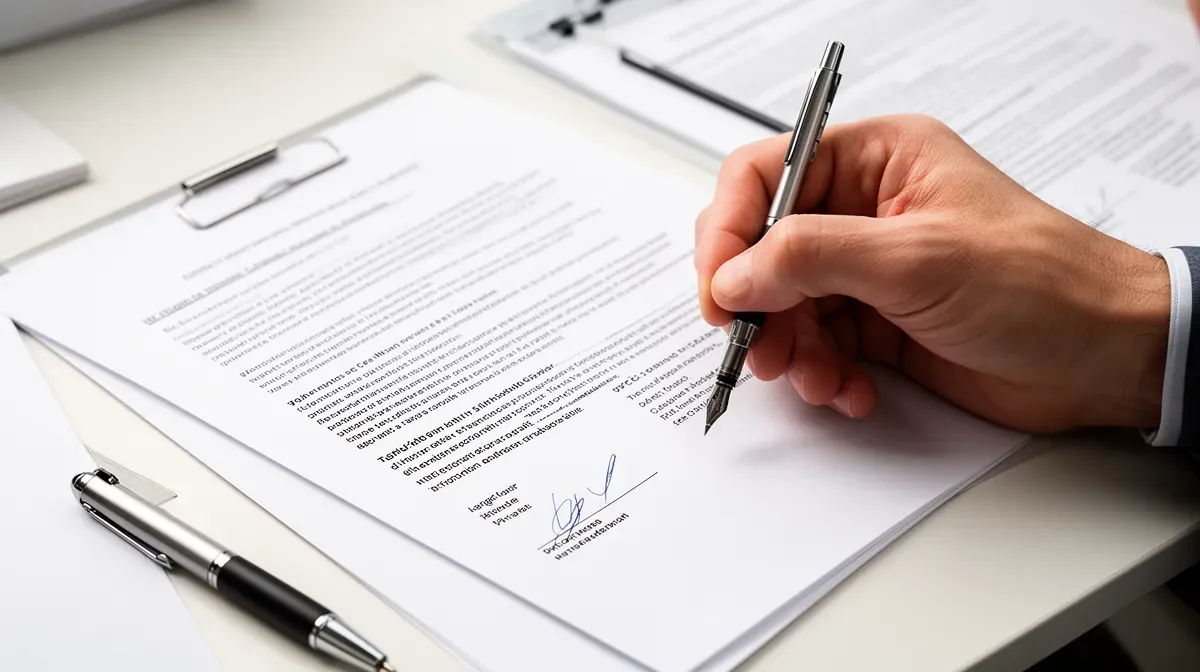 Gros plan sur une main signant un document officiel sur un bureau