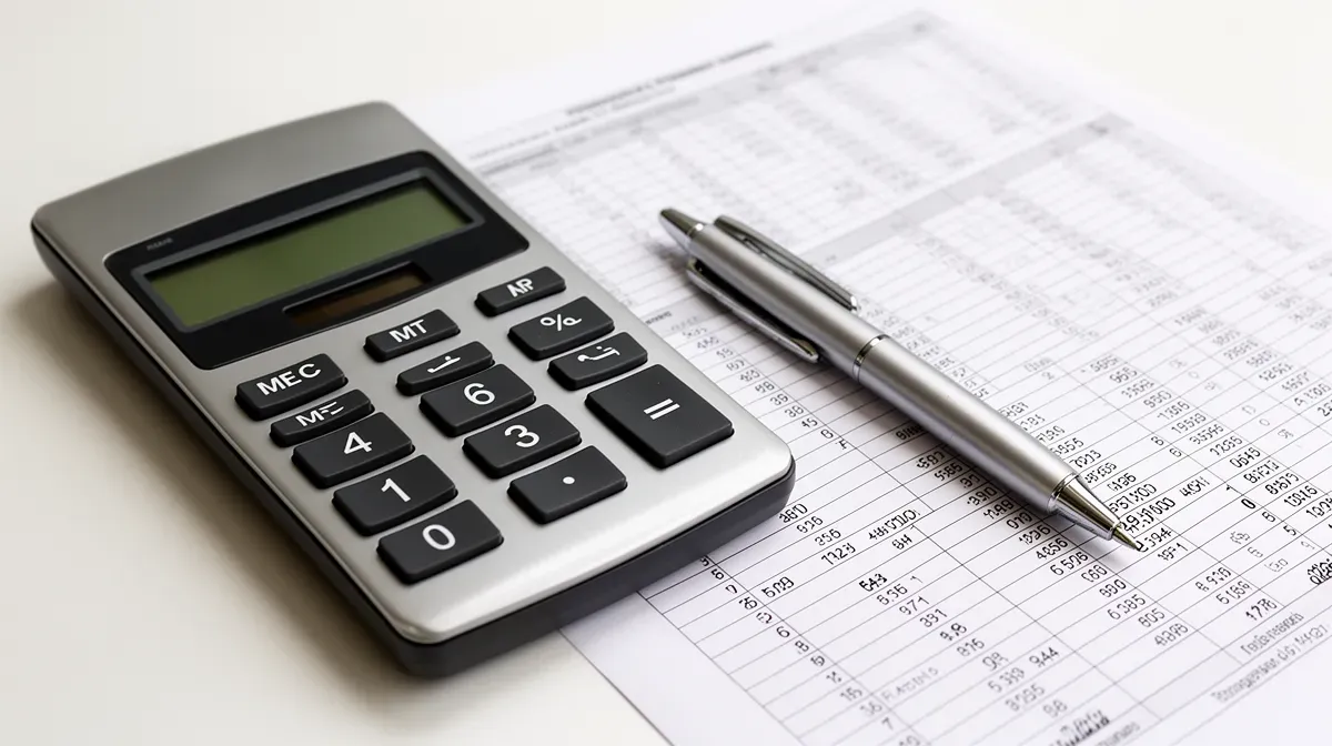 Calculatrice, stylo et feuille de calcul avec des chiffres sur un bureau
