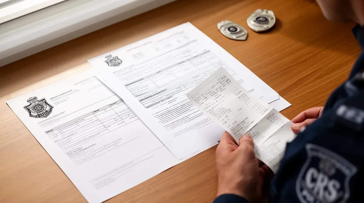 Gros plan sur les documents de paie d'un CRS avec un badge de police sur un bureau en bois