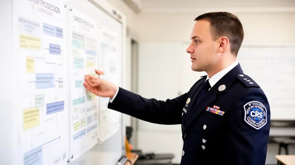 Un CRS gradé présentant un tableau de progression de carrière lors d'une formation en salle