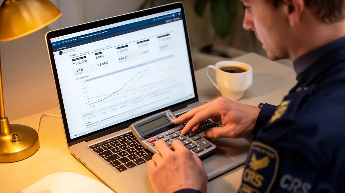 Un CRS en tenue de ville utilisant une calculatrice et un ordinateur portable pour estimer sa rémunération nette