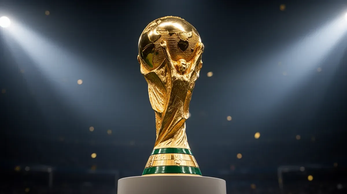 Trophée de la Coupe du Monde de football sur un piédestal