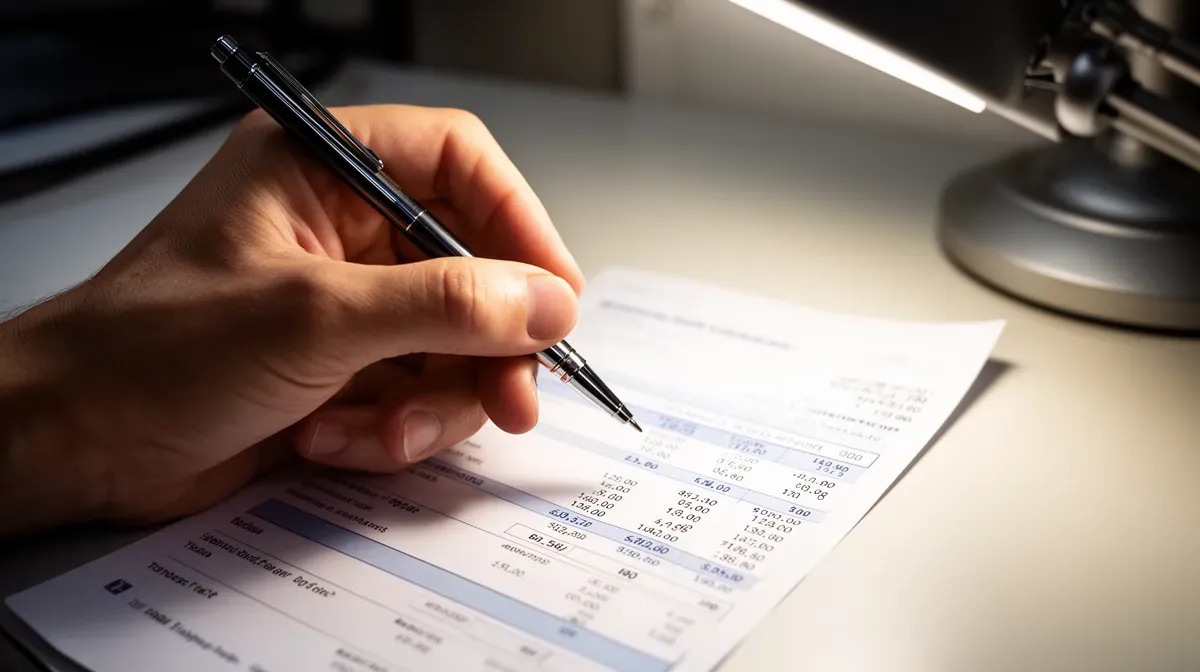 Main d'enseignant tenant un stylo au-dessus d'une fiche de paie