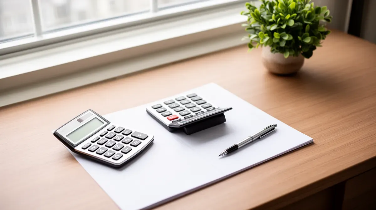Bureau d'enseignant avec calculatrice, stylo et plante