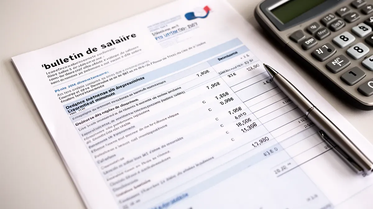 Gros plan sur une fiche de paie de fonctionnaire avec calculatrice et stylo