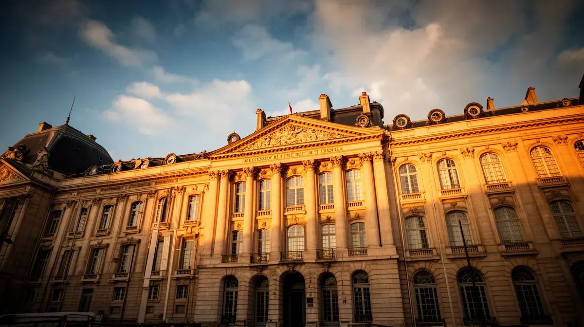 Façade d'un bâtiment administratif français sous la lumière du coucher de soleil