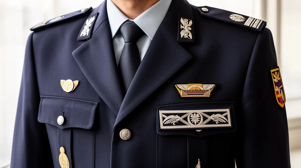 Détails des insignes et galons sur l'uniforme d'un gendarme