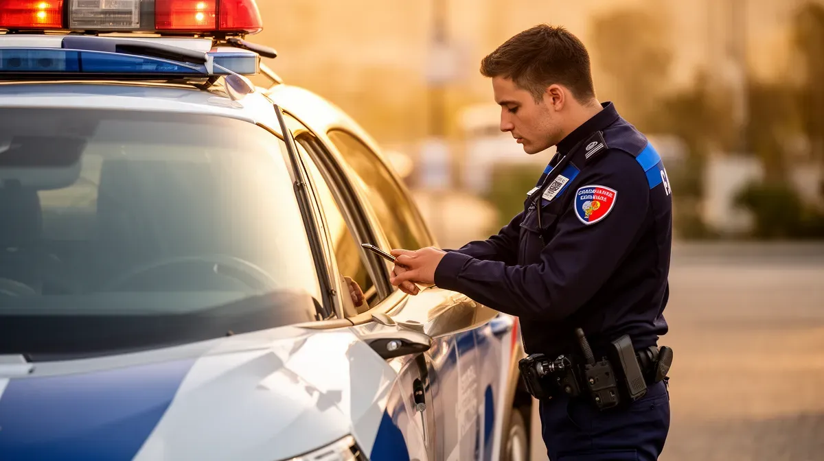 Gendarme vérifiant un véhicule de patrouille
