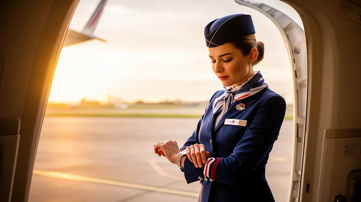 Hôtesse de l'air Air France vérifiant sa montre près de la porte d'un avion, lumière dorée