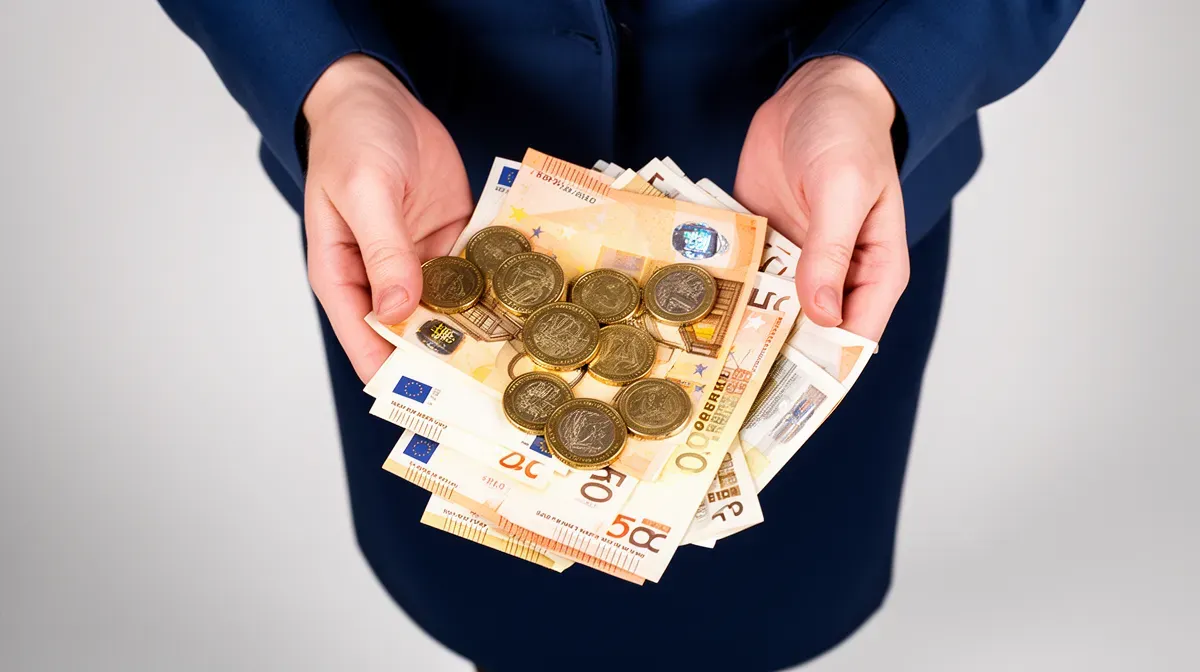 Mains d'une hôtesse de l'air tenant des billets et pièces en euros, vue de dessus