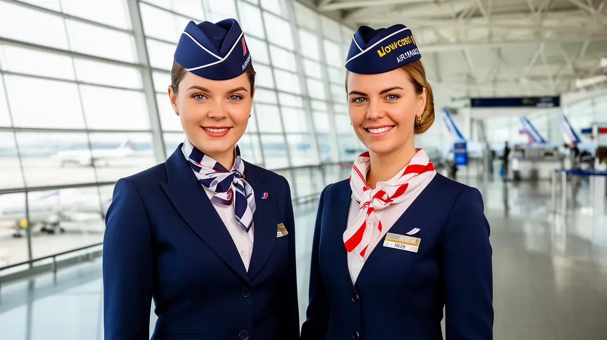 Deux hôtesses de l'air en uniformes différents côte à côte dans un aéroport