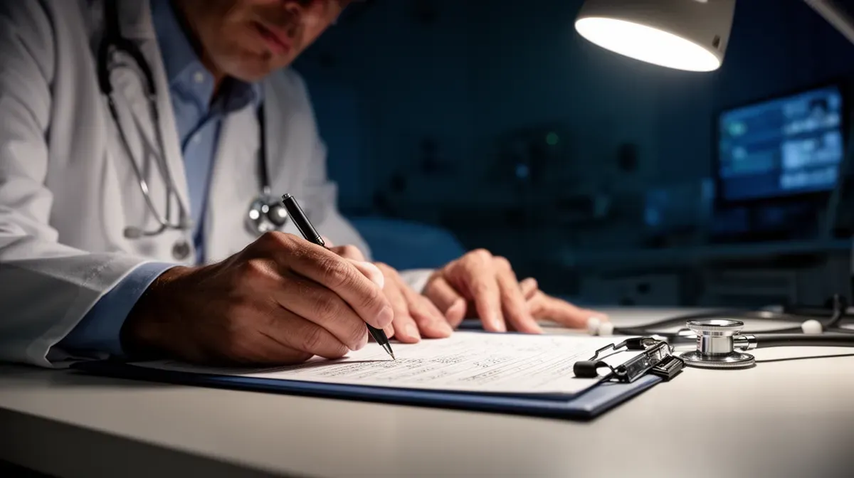 Un médecin de garde de nuit écrit sur un dossier patient dans une salle d'hôpital faiblement éclairée, illustrant les gardes et astreintes des internes.