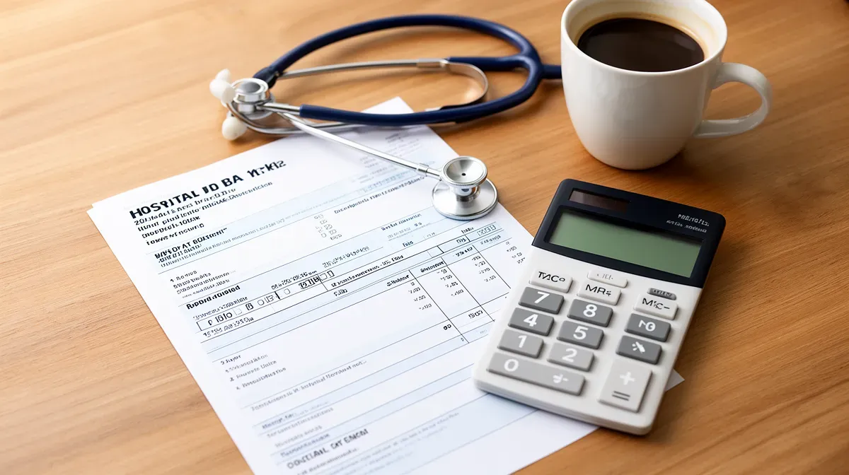 Une fiche de paie et une calculatrice sur un bureau en bois, avec un stéthoscope et une tasse de café, illustrant le calcul du salaire et des primes des internes en médecine.