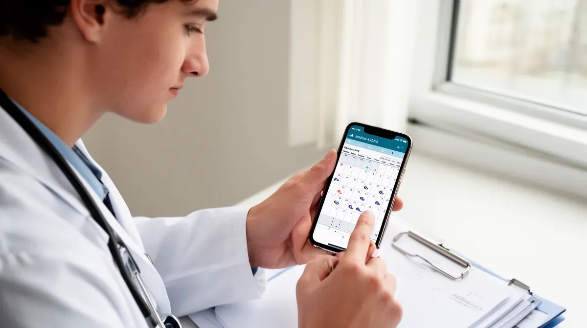 Un jeune médecin utilise une application sur son smartphone pour suivre ses heures de travail, illustrant l'optimisation de la rémunération des internes.