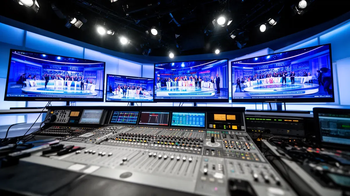 Régie technique d'un plateau de jeu télévisé avec écrans de contrôle et consoles de mixage