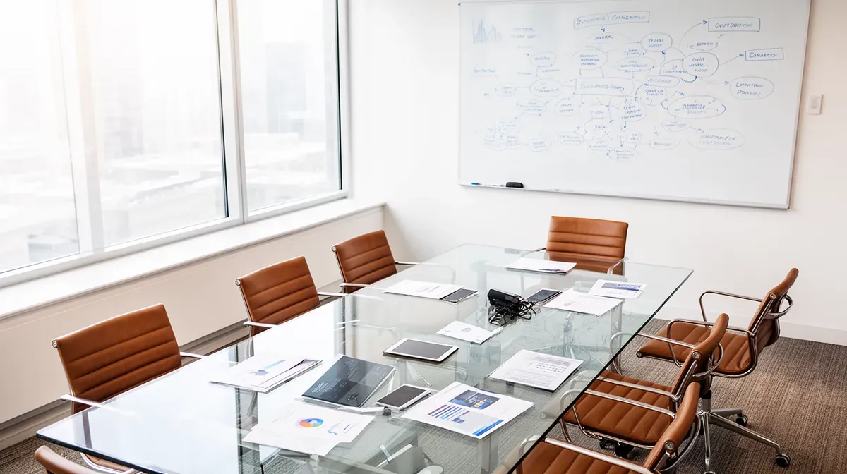 Salle de réunion moderne avec tableau blanc et documents de stratégie d'entreprise