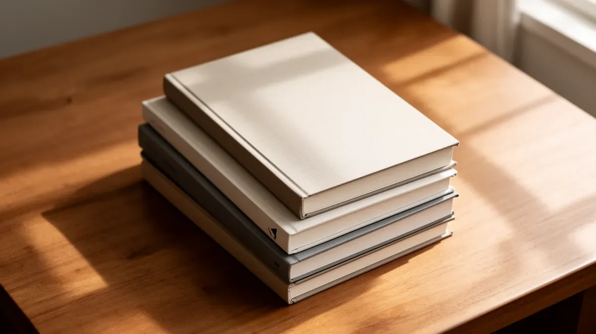 Empilement de livres sur un bureau en bois, évoquant les droits d'auteur perçus par Jordan Bardella