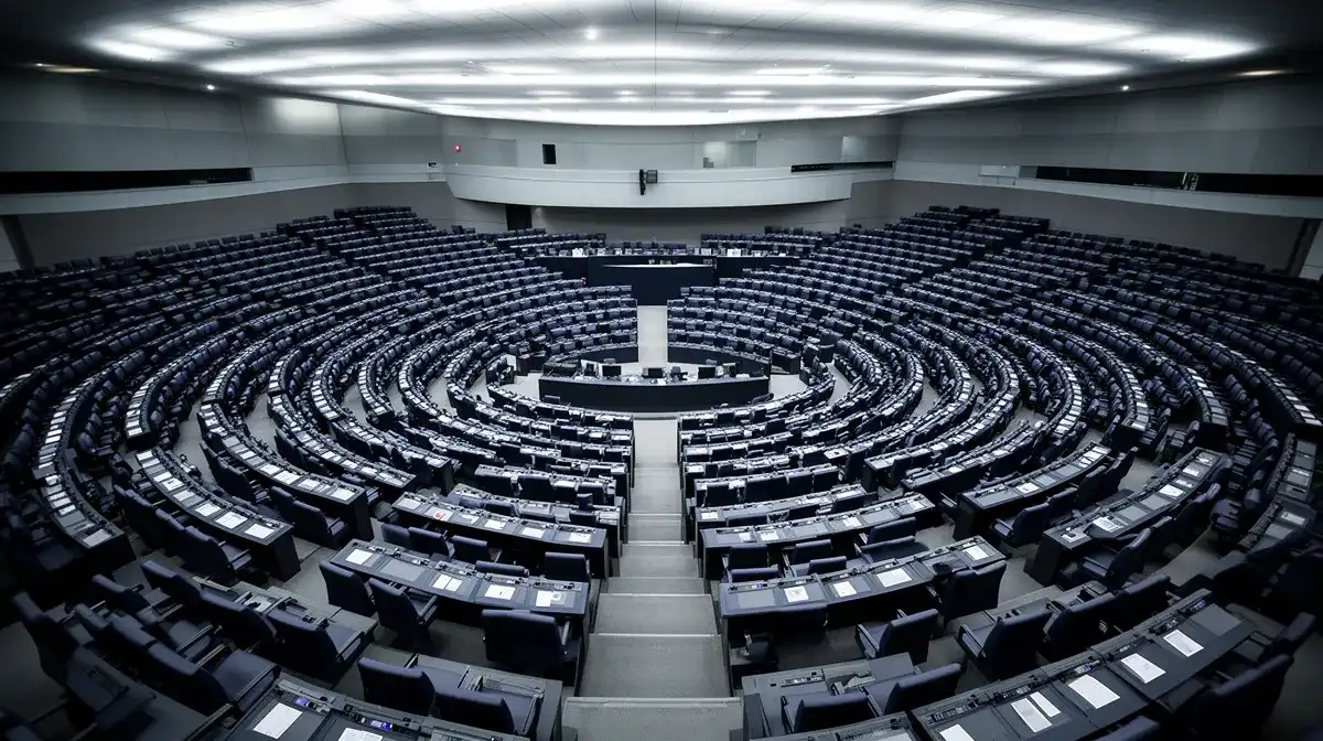Hémicycle vide du Parlement européen, évoquant les controverses sur l'absentéisme de Jordan Bardella