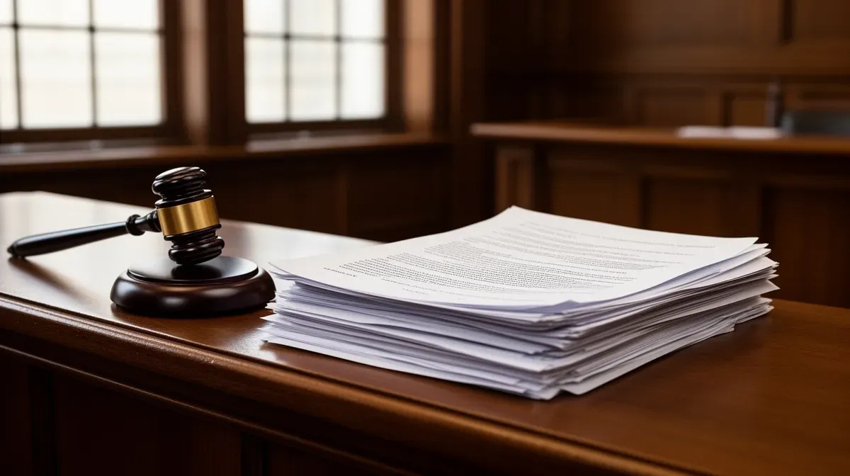 Banc de tribunal avec marteau et documents officiels, évoquant la réforme judiciaire de 2025