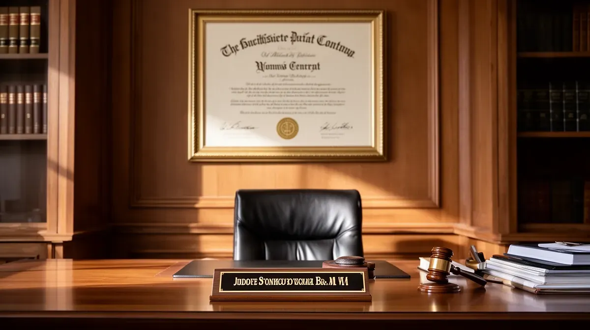 Bureau de juge avec diplôme et plaque nominative, symbolisant l'évolution de carrière dans la magistrature