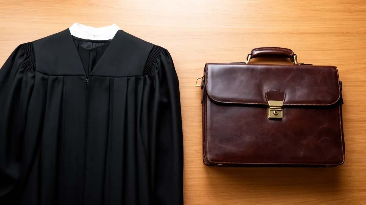 Robe de juge et serviette d'avocat côte à côte, illustrant la comparaison des salaires