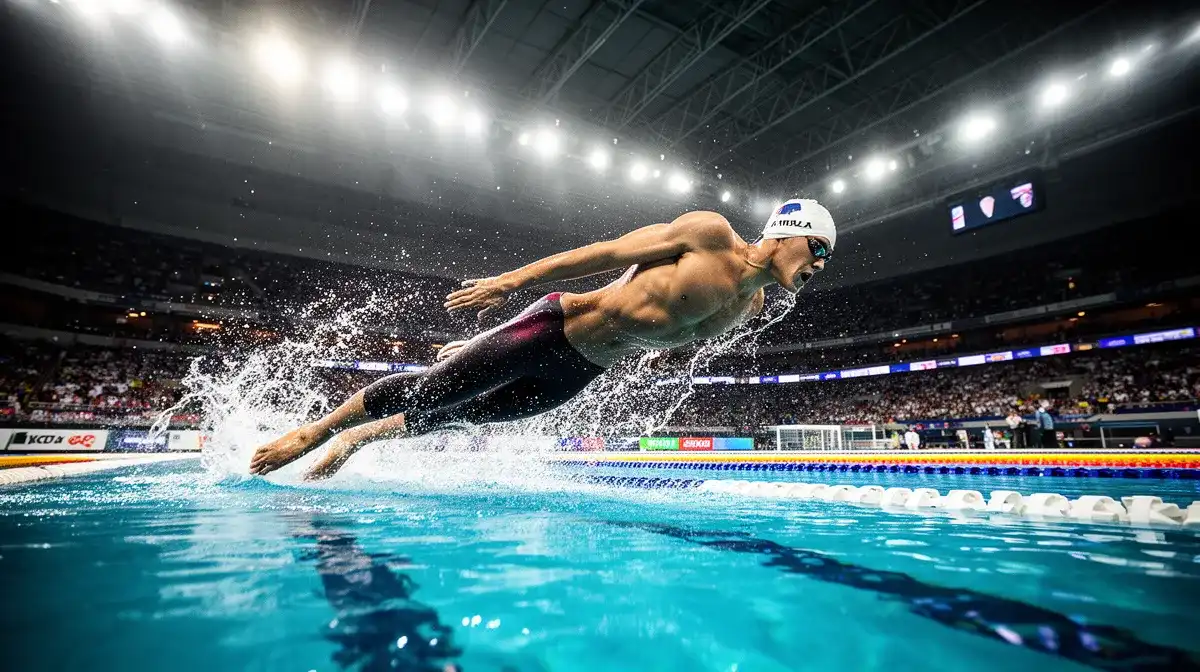 Un nageur plonge dans un bassin lors d'une compétition de natation