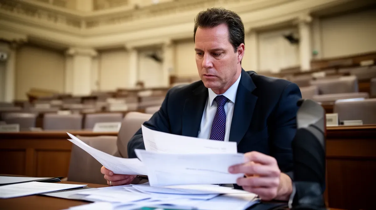 Maire lisant des documents financiers dans une salle du conseil municipal